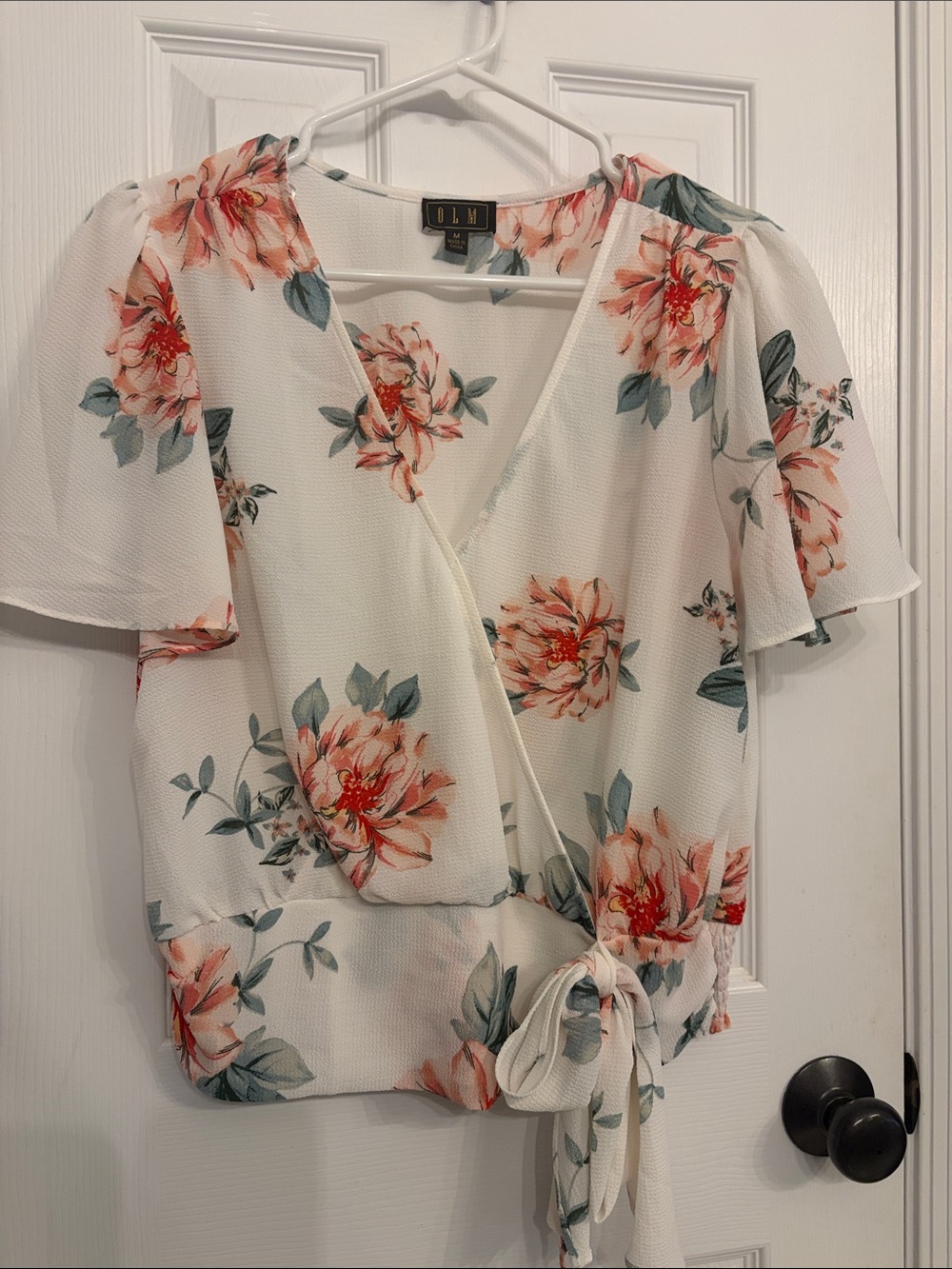 Floral Wrap style Blouse in White with Coral Blooms